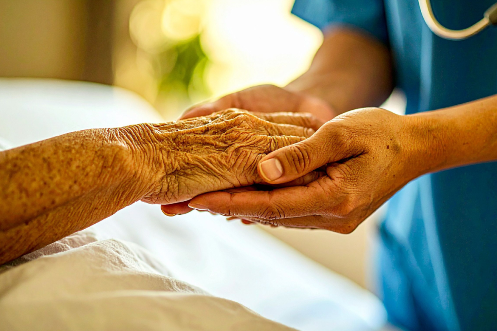 Un soignant tenant chaleureusement la main d'une personne âgée alitée, lumière douce et rassurante, symbolisant l'accompagnement et la dignité